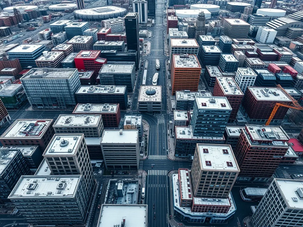 High-angle architectural shot of Montreal city grid with ind