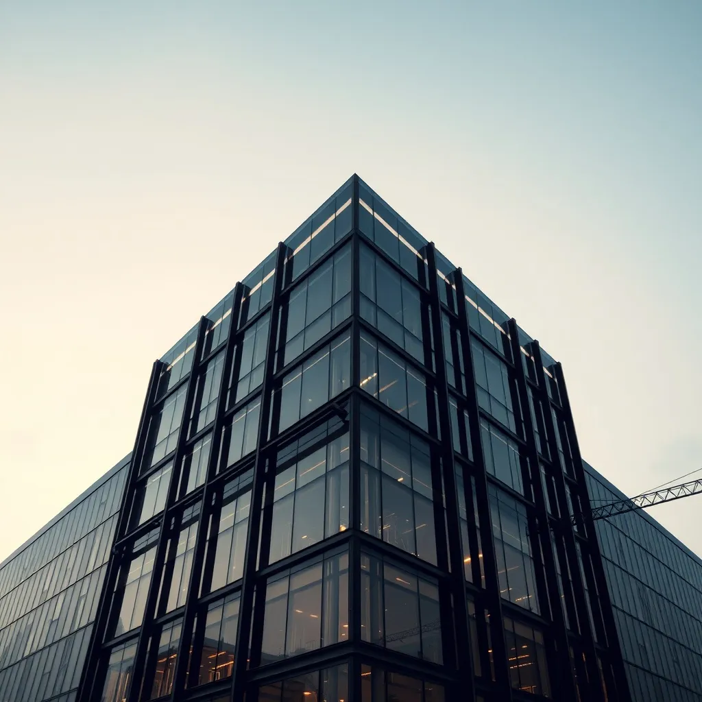 A high-contrast architectural shot of a modern glass and ste