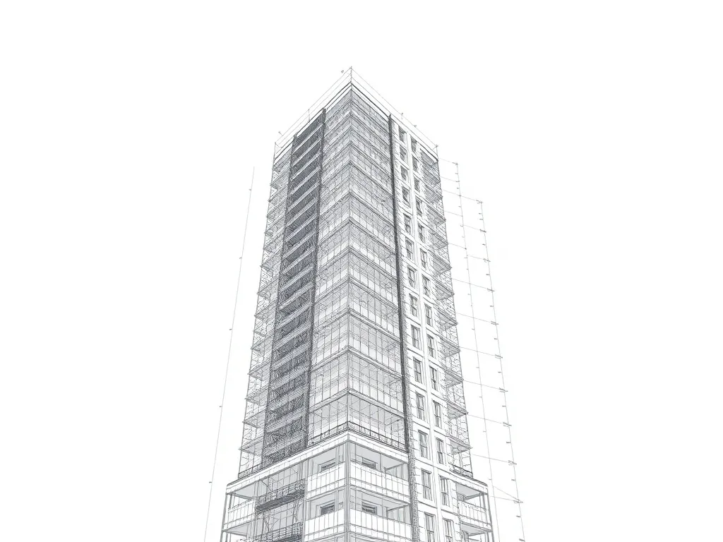 A technical blueprint of a high-rise building structure with