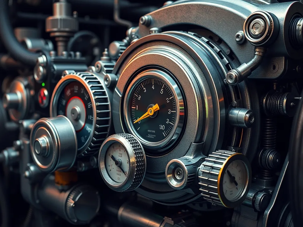 A close-up high-tech mechanical engine with gears and pressu